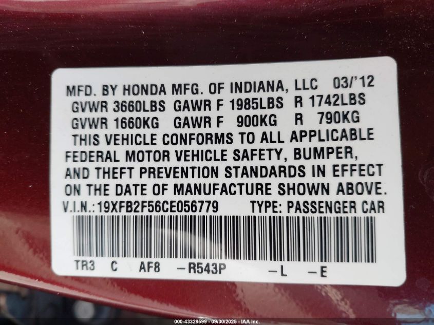 2012 Honda Civic Lx VIN: 19XFB2F56CE056779 Lot: 43329599