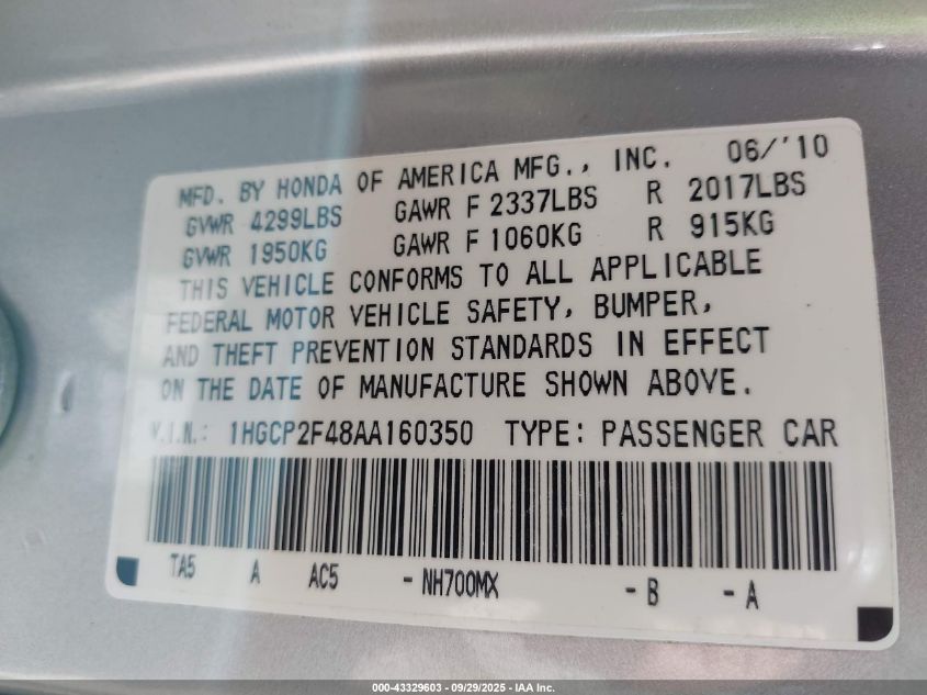 2010 Honda Accord 2.4 Lx-P VIN: 1HGCP2F48AA160350 Lot: 43329603