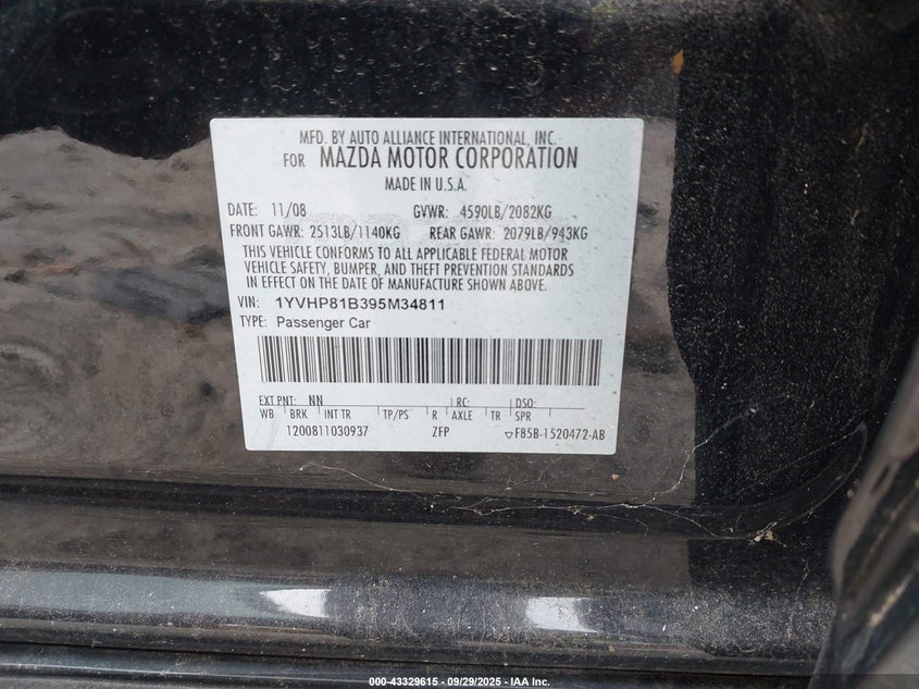 2009 Mazda Mazda6 S Sport VIN: 1YVHP81B395M34811 Lot: 43329615