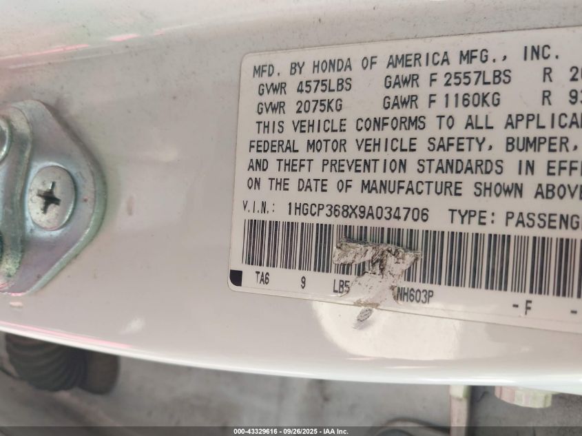 2009 Honda Accord 3.5 Ex-L VIN: 1HGCP368X9A034706 Lot: 43329616