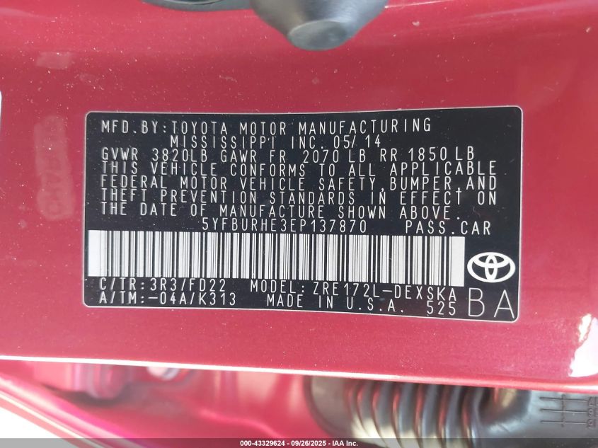 2014 Toyota Corolla S Plus VIN: 5YFBURHE3EP137870 Lot: 43329624