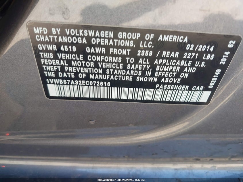 2014 VOLKSWAGEN PASSAT 1.8T SE - 1VWBS7A32EC072616