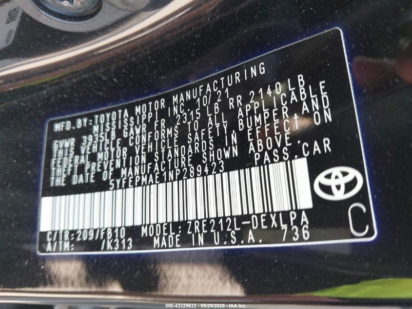 2022 Toyota Corolla Le VIN: 5YFEPMAE1NP289423 Lot: 43329633