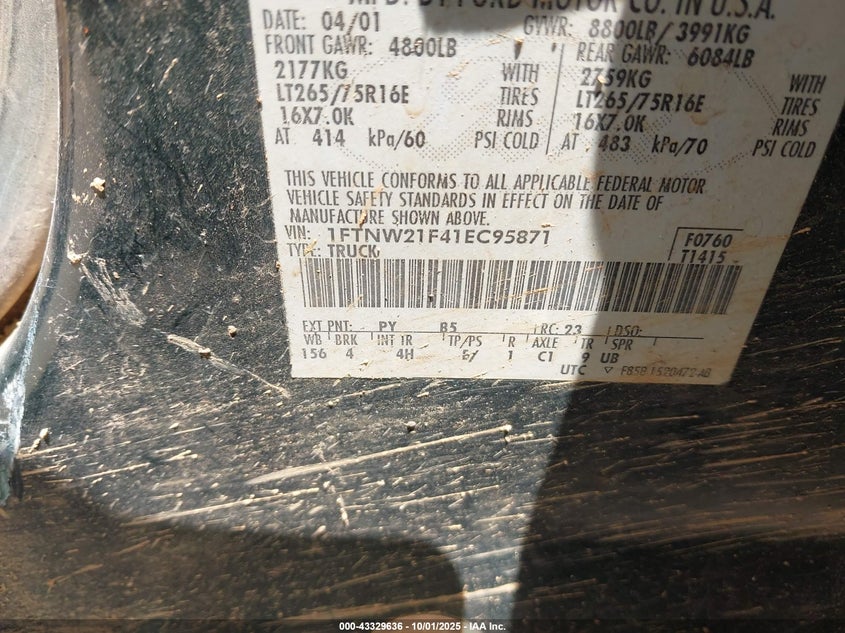 2001 Ford F-250 Lariat/Xl/Xlt VIN: 1FTNW21F41EC95871 Lot: 43329636