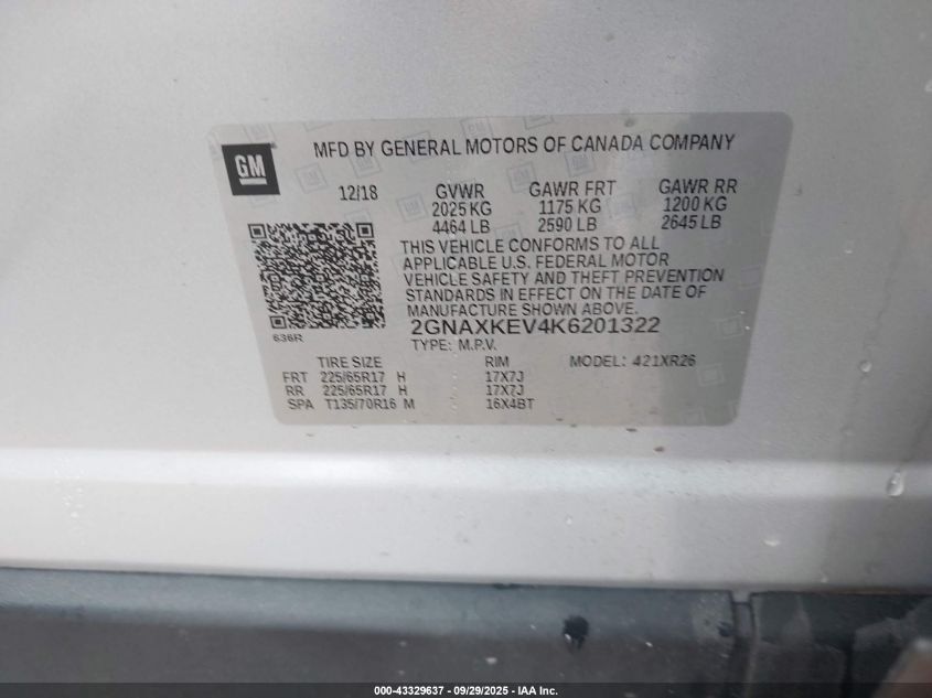 2019 Chevrolet Equinox Lt VIN: 2GNAXKEV4K6201322 Lot: 43329637