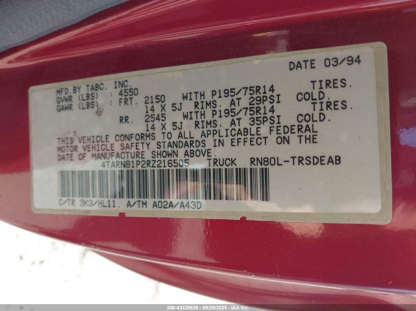 1994 Toyota Pickup 1/2 Ton Short Whlbse Dx VIN: 4TARN81P2RZ216505 Lot: 43329638