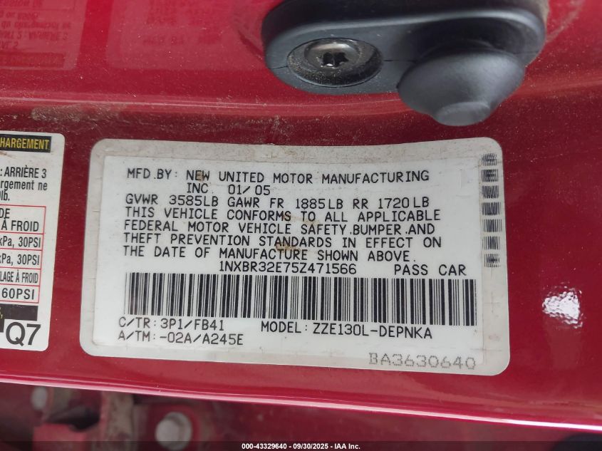 2005 Toyota Corolla Le VIN: 1NXBR32E75Z471566 Lot: 43329640