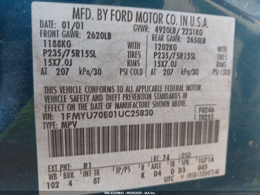 2001 Ford Explorer Sport VIN: 1FMYU70E01UC25830 Lot: 43329641