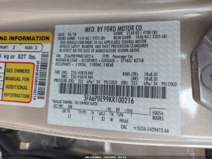 2019 Ford Fusion Sel VIN: 3FA6P0E99KR100216 Lot: 43329643