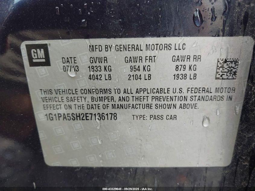 2014 Chevrolet Cruze Ls Auto VIN: 1G1PA5SH2E7136178 Lot: 43329648