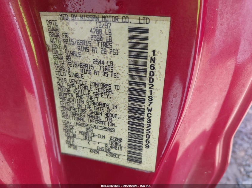 1998 Nissan Frontier Standard/Xe VIN: 1N6DD21S7WC325069 Lot: 43329656