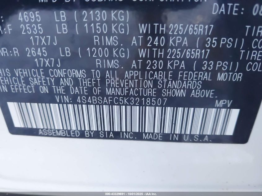 2019 Subaru Outback 2.5I Premium VIN: 4S4BSAFC5K3218507 Lot: 43329691