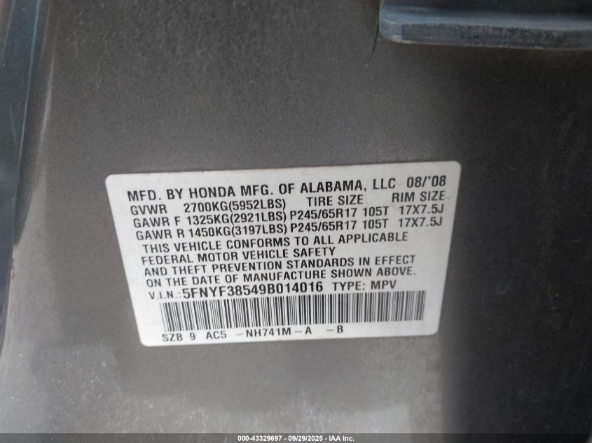 2009 Honda Pilot Ex-L VIN: 5FNYF38549B014016 Lot: 43329697