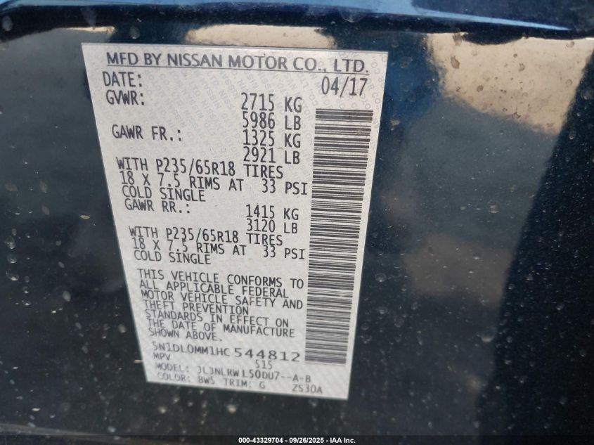 2017 Infiniti Qx60 VIN: 5N1DL0MM1HC544812 Lot: 43329704