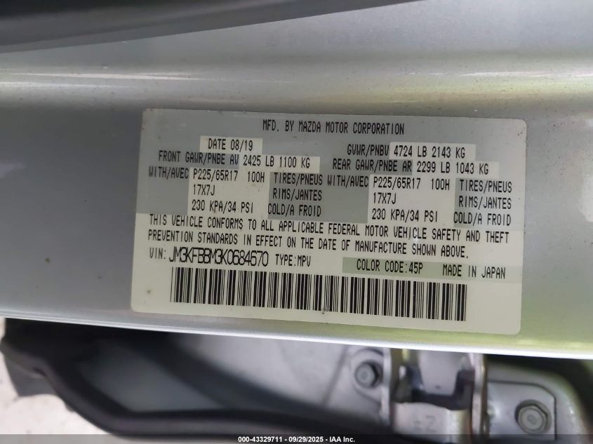 2019 Mazda Cx-5 Sport VIN: JM3KFBBM3K0684670 Lot: 43329711