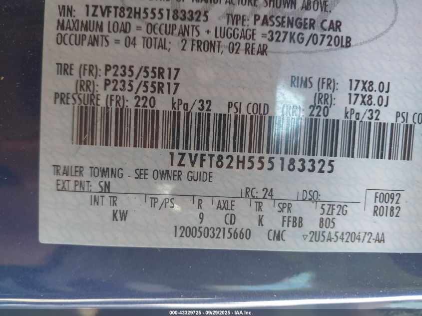 2005 Ford Mustang Gt Deluxe/Gt Premium VIN: 1ZVFT82H555183325 Lot: 43329725