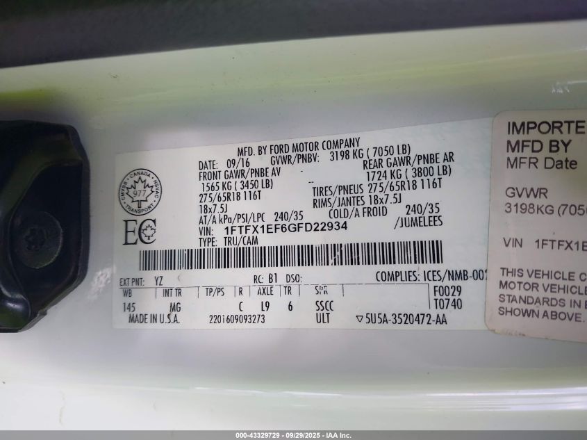 2016 Ford F-150 Xlt VIN: 1FTFX1EF6GFD22934 Lot: 43329729