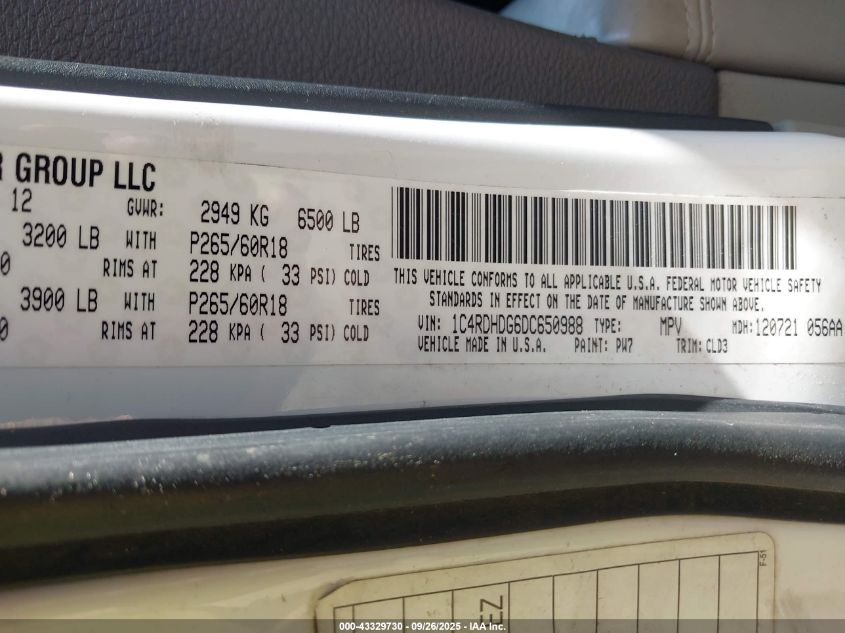 2013 Dodge Durango Crew VIN: 1C4RDHDG6DC650988 Lot: 43329730