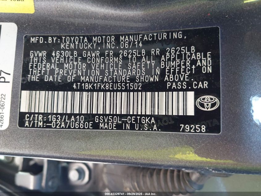 2014 Toyota Camry Xle V6 VIN: 4T1BK1FK8EU551502 Lot: 43329741