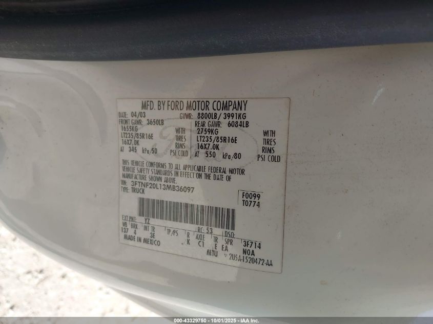 2003 Ford F-250 Xl/Xlt VIN: 3FTNF20L13MB36097 Lot: 43329750