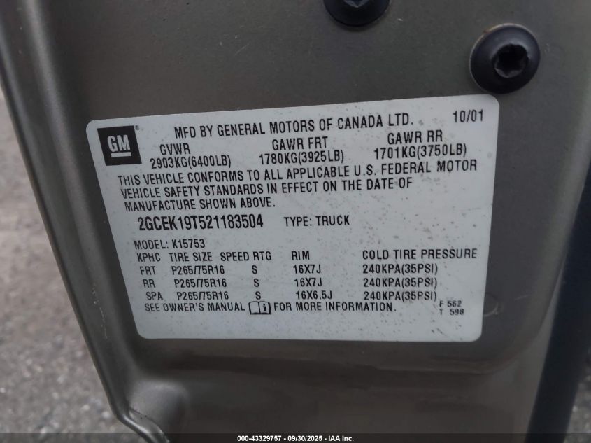 2002 Chevrolet Silverado 1500 Lt VIN: 2GCEK19T521183504 Lot: 43329757