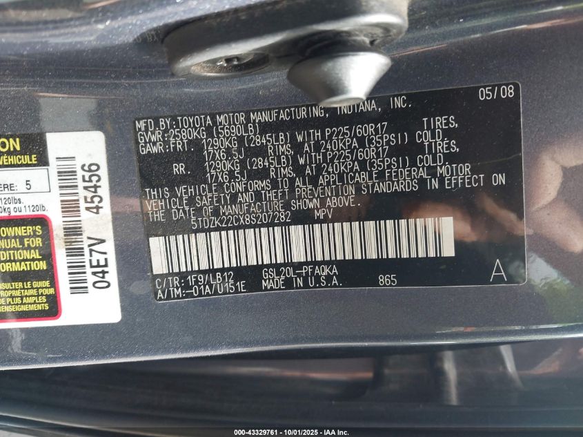 2008 Toyota Sienna Xle VIN: 5TDZK22CX8S207282 Lot: 43329761