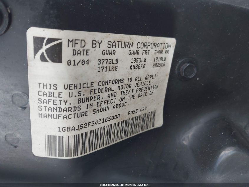 2004 Saturn Ion 2 VIN: 1G8AJ52F24Z165088 Lot: 43329765
