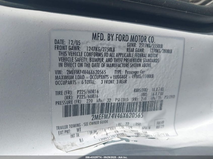 2006 Mercury Grand Marquis Gs VIN: 2MEFM74V46X620565 Lot: 43329774