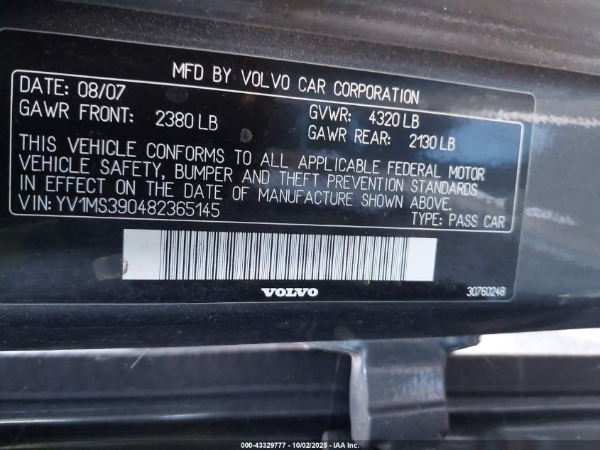 2008 Volvo S40 2.4I VIN: YV1MS390482365145 Lot: 43329777
