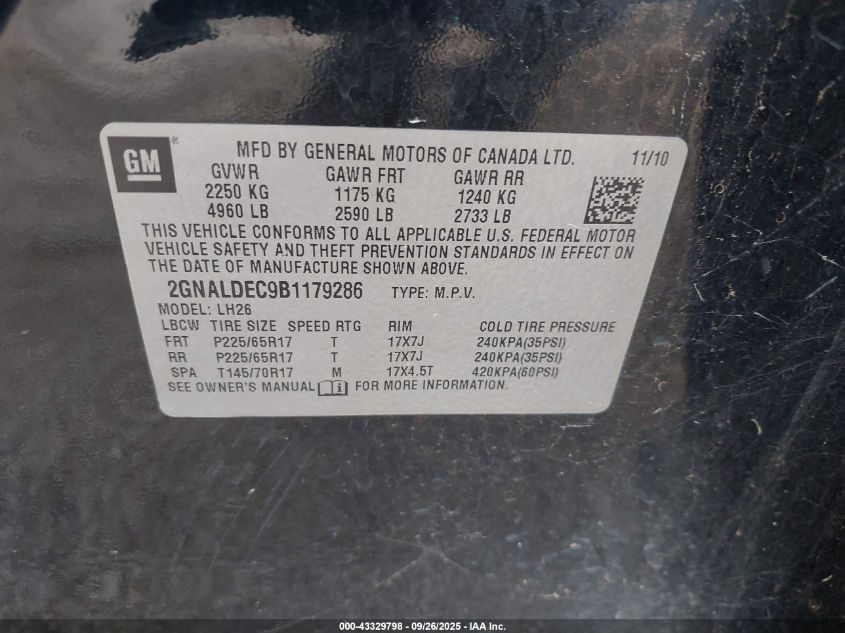 2011 Chevrolet Equinox 1Lt VIN: 2GNALDEC9B1179286 Lot: 43329798