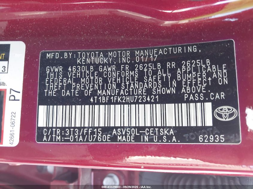 2017 Toyota Camry Se VIN: 4T1BF1FK2HU723421 Lot: 43329803