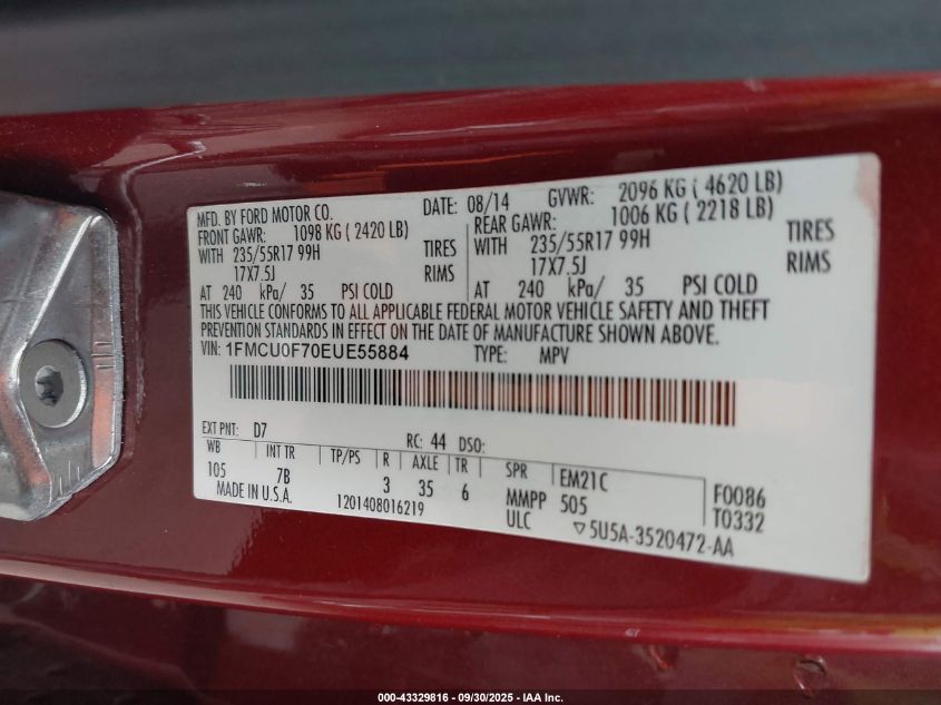 2014 Ford Escape S VIN: 1FMCU0F70EUE55884 Lot: 43329816