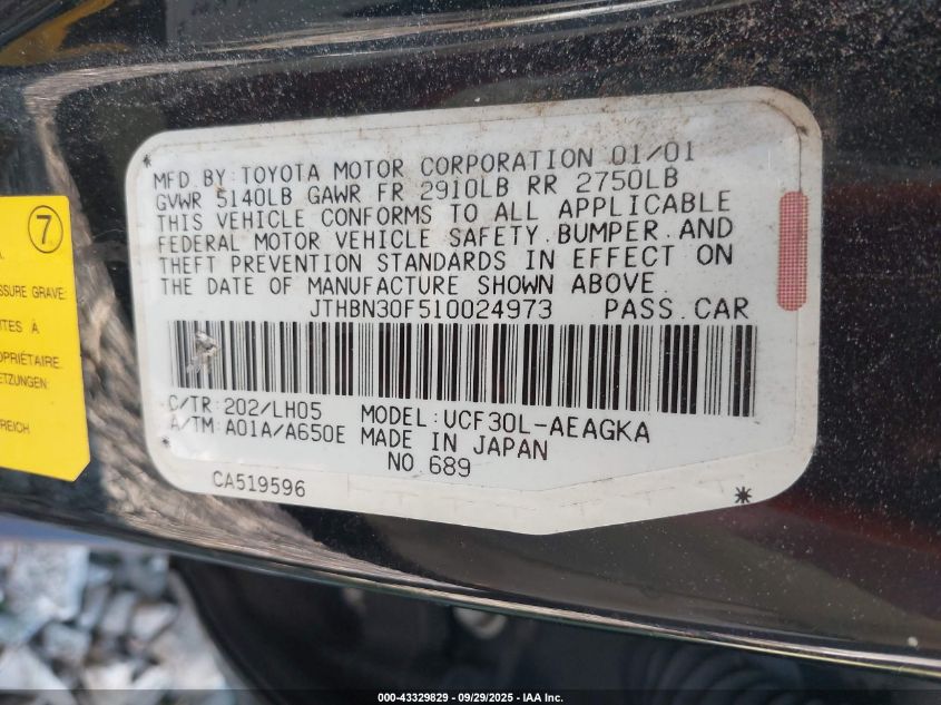 2001 Lexus Ls 430 VIN: JTHBN30F510024973 Lot: 43329829