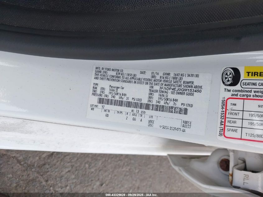 2016 Ford Fiesta Se VIN: 3FADP4EJ0GM153450 Lot: 43329828