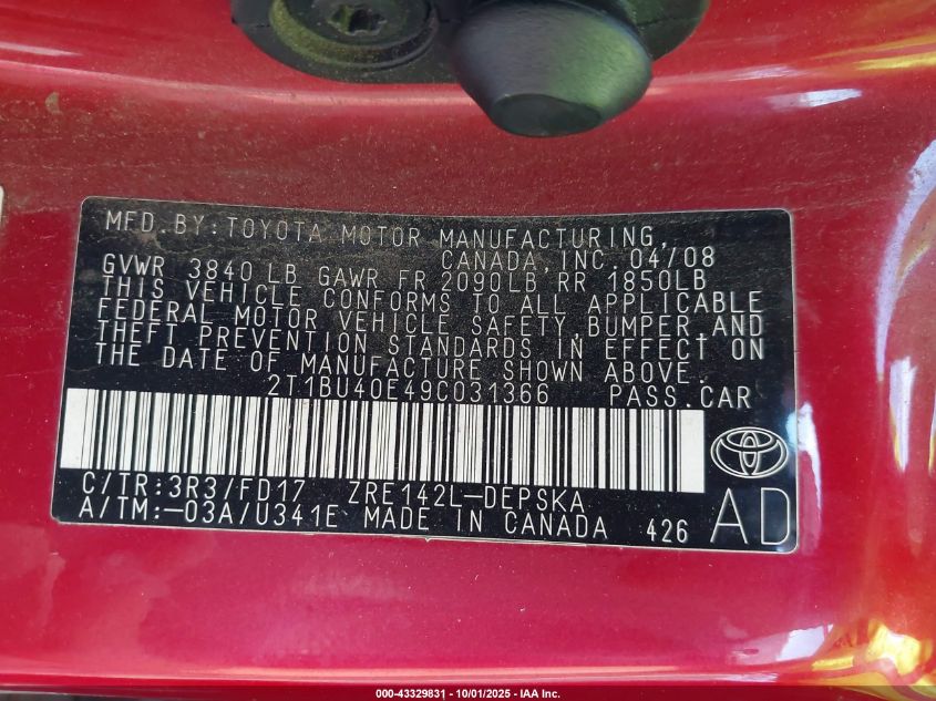 2009 Toyota Corolla S VIN: 2T1BU40E49C031366 Lot: 43329831