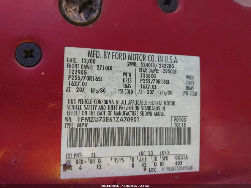 2001 Ford Explorer Xlt VIN: 1FMZU73E61ZA70901 Lot: 43329837