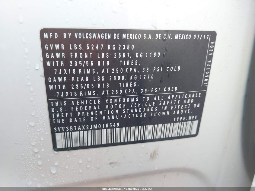 2018 VOLKSWAGEN TIGUAN 2.0T SE/2.0T SEL 3VV3B7AX2JM016549