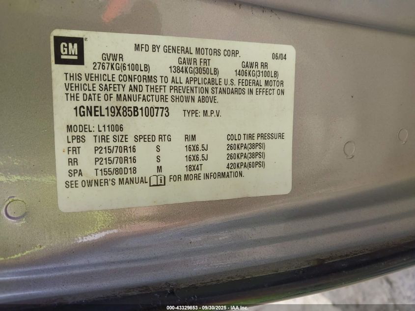 2005 Chevrolet Astro VIN: 1GNEL19X85B100773 Lot: 43329853