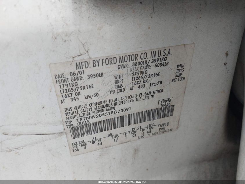 2001 Ford F-250 Lariat/Xl/Xlt VIN: 1FTNW20S51ED70091 Lot: 43329855