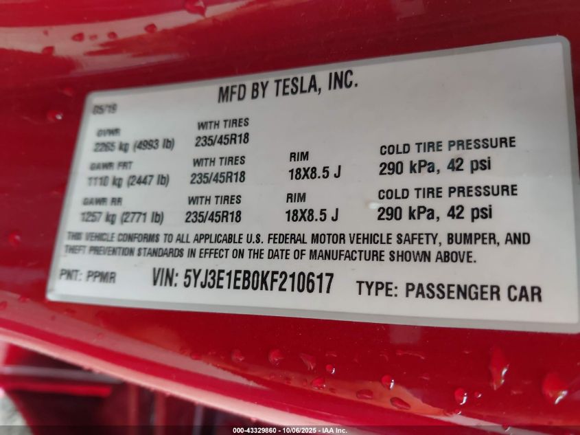 2019 Tesla Model 3 Long Range/Performance VIN: 5YJ3E1EB0KF210617 Lot: 43329860