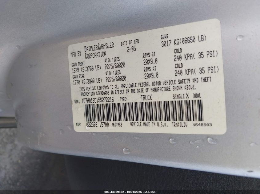 2005 Dodge Ram 1500 Slt/Laramie VIN: 1D7HA18D15S272216 Lot: 43329862