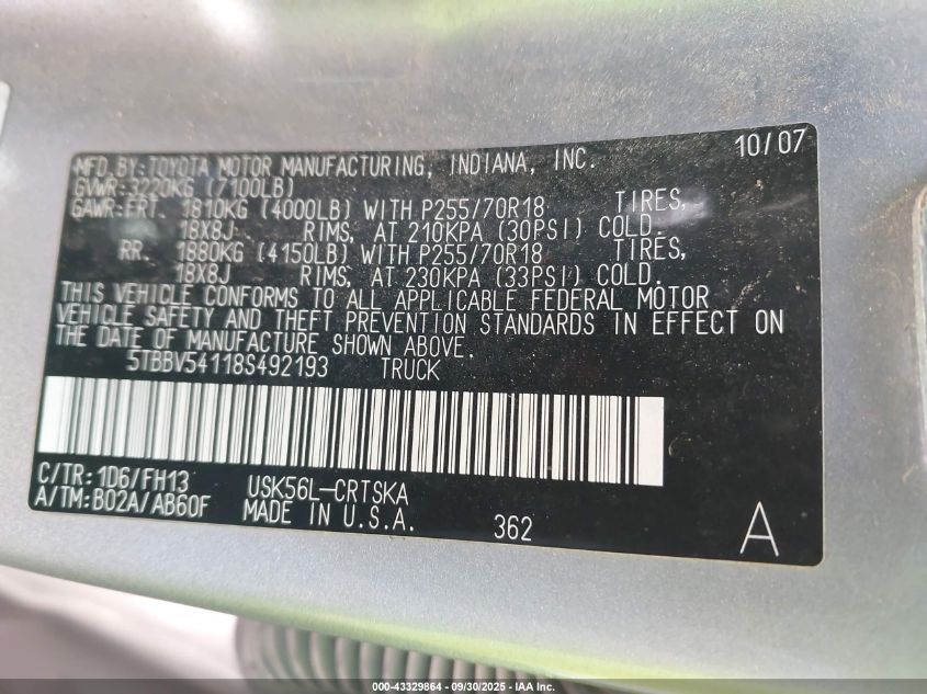 2008 Toyota Tundra Base 5.7L V8 VIN: 5TBBV54118S492193 Lot: 43329864