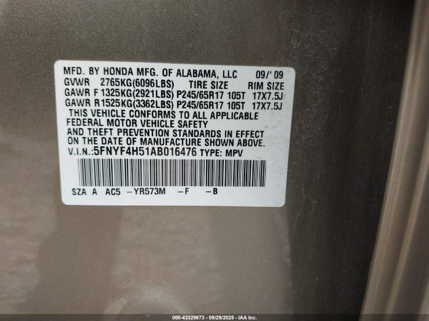 2010 Honda Pilot Ex-L VIN: 5FNYF4H51AB016476 Lot: 43329873