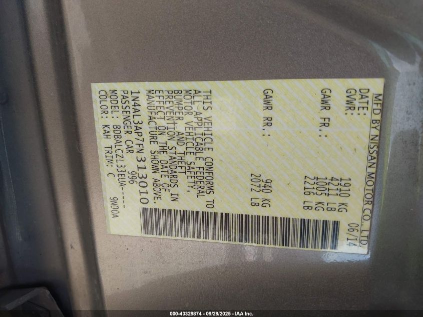 2015 Nissan Altima 2.5 S VIN: 1N4AL3AP7FN313010 Lot: 43329874