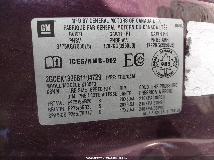 2008 Chevrolet Silverado 1500 Lt1/Lt2/Ltz/Work Truck VIN: 2GCEK133681104729 Lot: 43329876