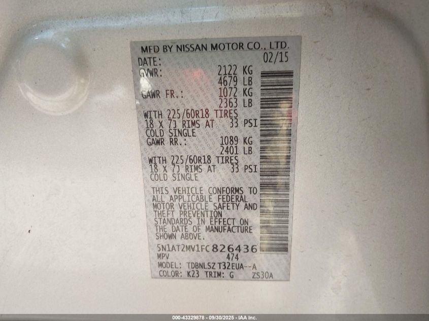 2015 Nissan Rogue Sl VIN: 5N1AT2MV1FC826436 Lot: 43329878
