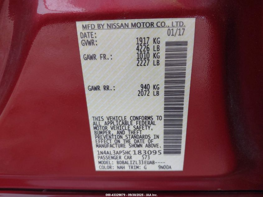 2017 Nissan Altima 2.5 Sv VIN: 1N4AL3AP5HC183095 Lot: 43329879