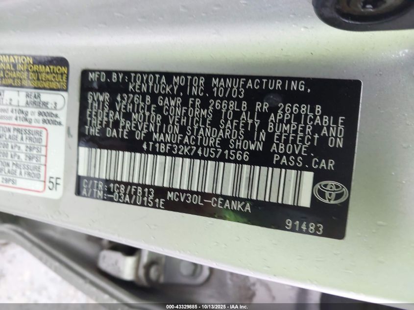 2004 Toyota Camry Le V6 VIN: 4T1BF32K74U571566 Lot: 43329885