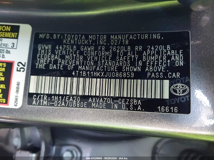2018 Toyota Camry Se VIN: 4T1B11HKXJU086859 Lot: 43329889