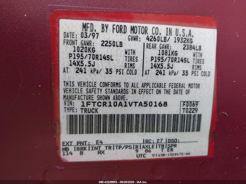1997 Ford Ranger Splash/Xl/Xlt VIN: 1FTCR10A1VTA50168 Lot: 43329903